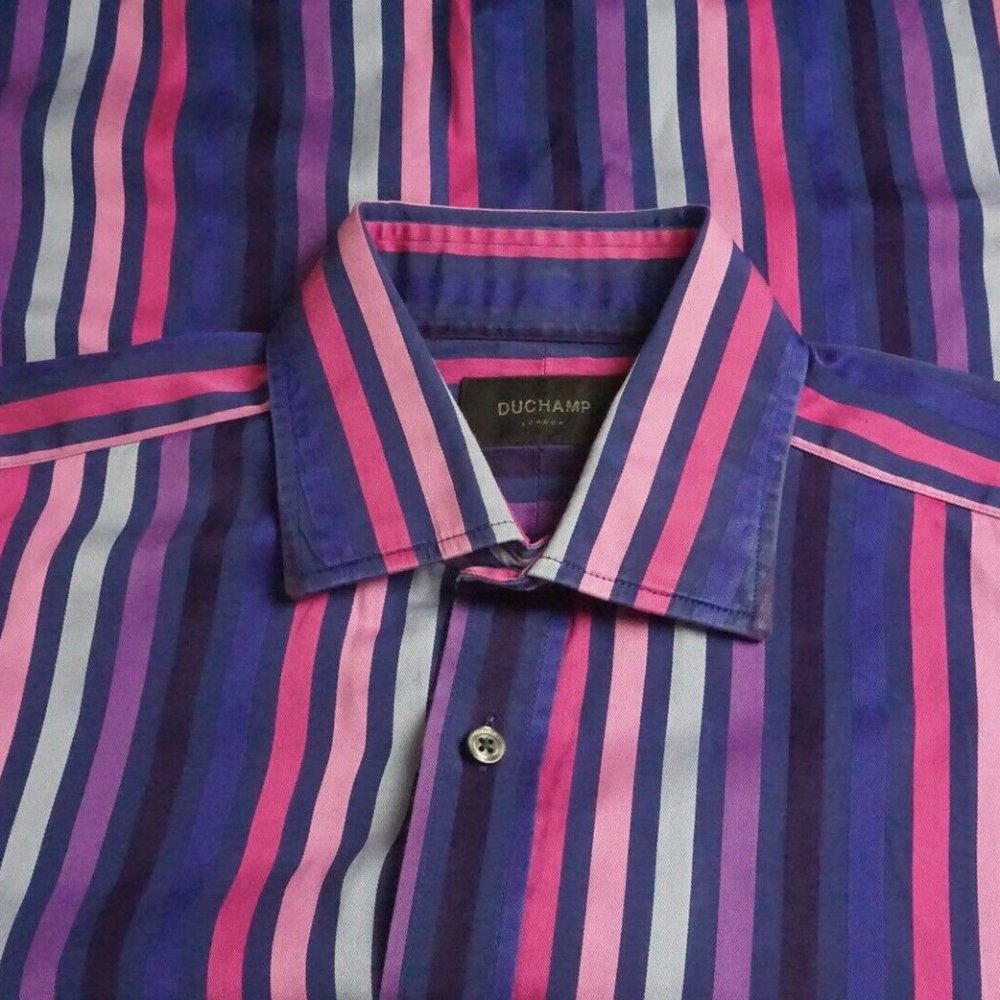 Duchamp London Bright Pink Purple Blue Striped Cotton Dress Shirt Sz 16